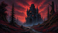 GRID THUMBNAIL — A dark gothic castle with glowing windows rises beyond a misty forest at sunset, seen from a winding stony path under a red sky.