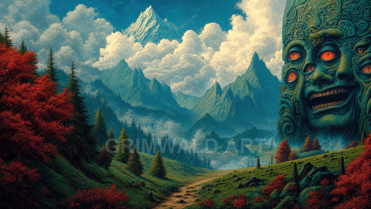 Fantasy mountain landscape with a winding path, red shrubs, pine forest, towering peaks and clouds, and a colossal multi-eyed stone idol with glowing orange eyes.