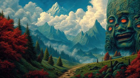 GRID THUMBNAIL — Fantasy mountain landscape with a winding path, red shrubs, pine forest, towering peaks and clouds, and a colossal multi-eyed stone idol with glowing orange eyes.