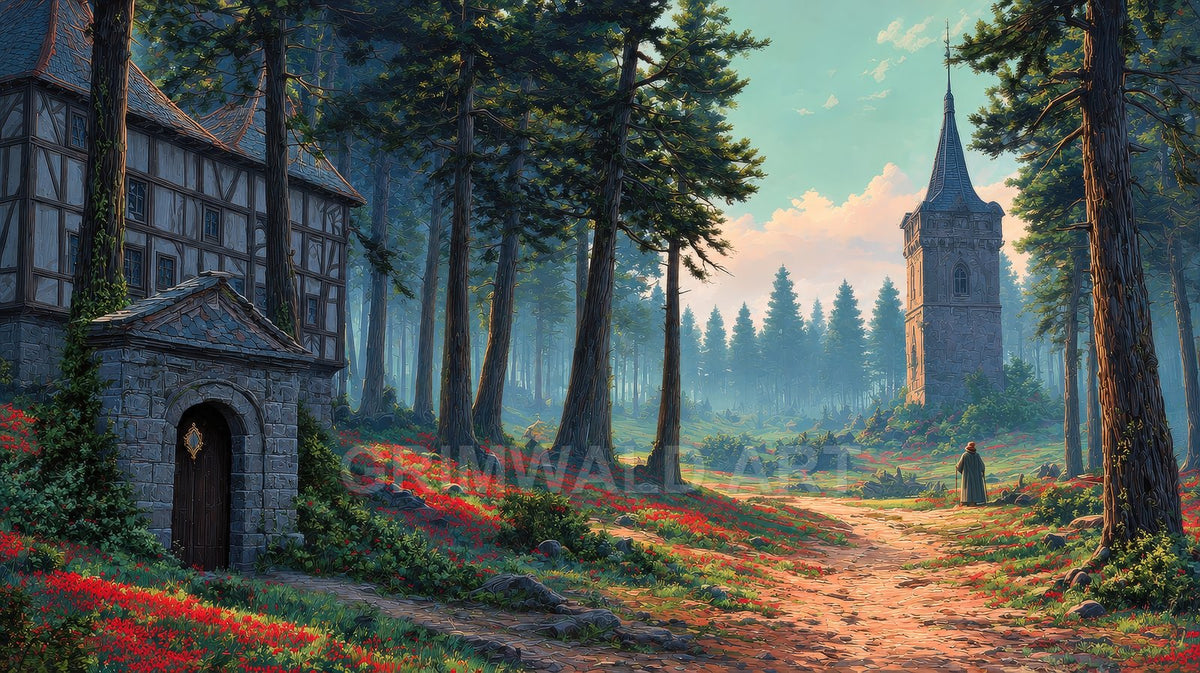 Sunlit forest path winds through red wildflowers past a timbered house toward a distant stone tower, beneath tall pines with a lone cloaked traveller.