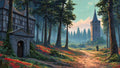 GRID THUMBNAIL — Sunlit forest path winds through red wildflowers past a timbered house toward a distant stone tower, beneath tall pines with a lone cloaked traveller.