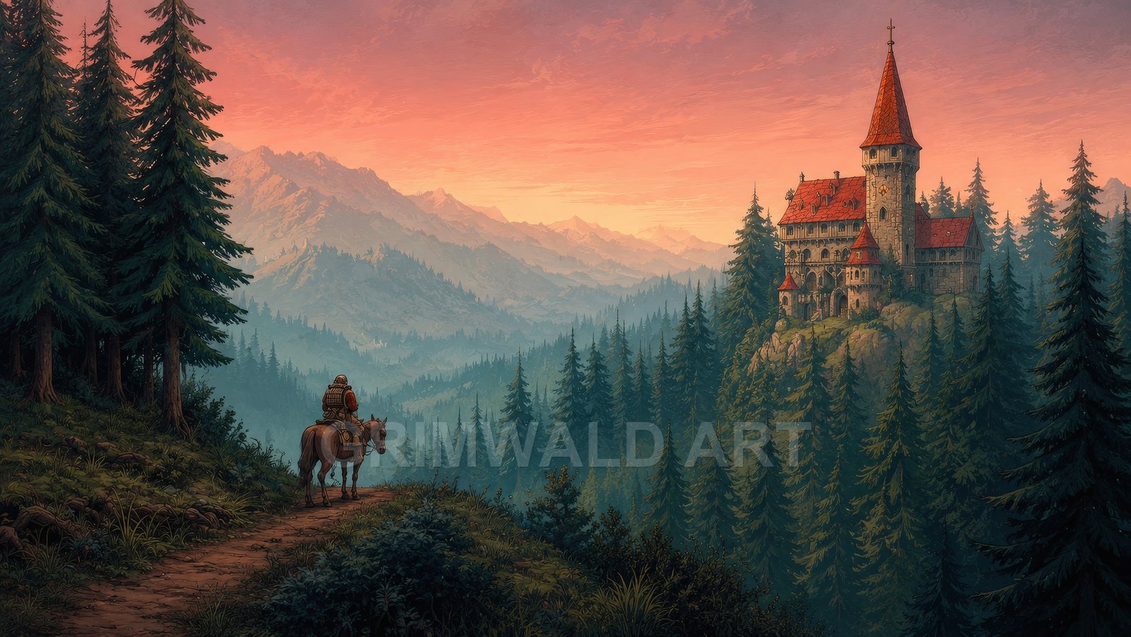 Medieval stone castle with red roofs on a rocky hill amid dense pine forest, mountains beyond, traveller on horseback on a winding path at sunset.