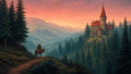 GRID THUMBNAIL — Medieval stone castle with red roofs on a rocky hill amid dense pine forest, mountains beyond, traveller on horseback on a winding path at sunset.