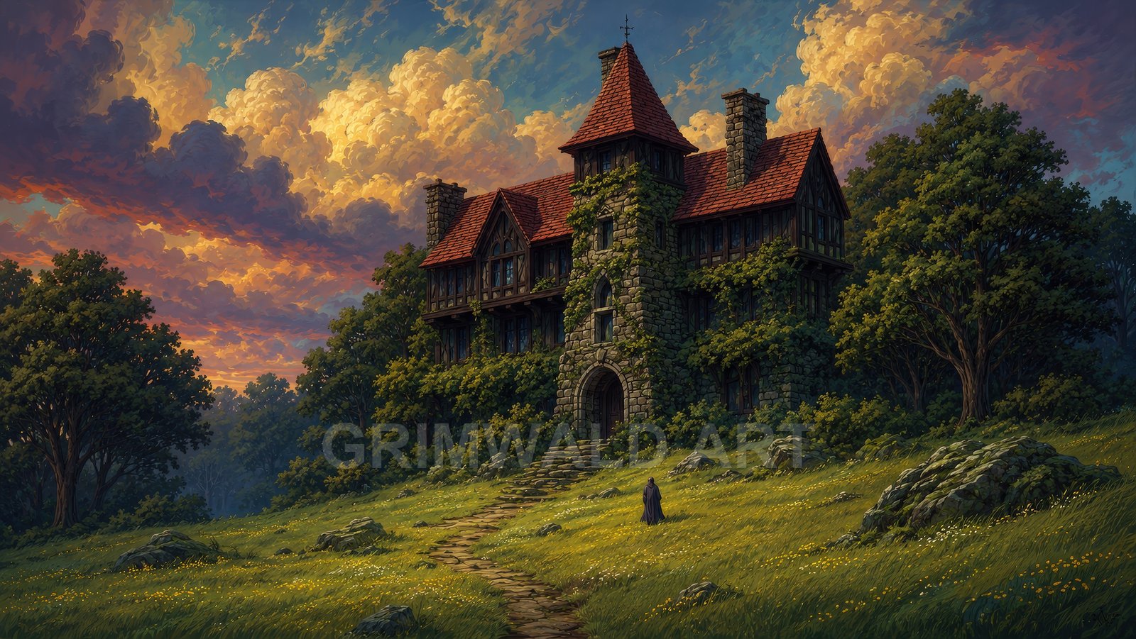 An ivy-covered stone manor with red roofs stands in a meadow as a lone cloaked figure approaches along a winding path beneath glowing sunset clouds.