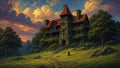 GRID THUMBNAIL — An ivy-covered stone manor with red roofs stands in a meadow as a lone cloaked figure approaches along a winding path beneath glowing sunset clouds.