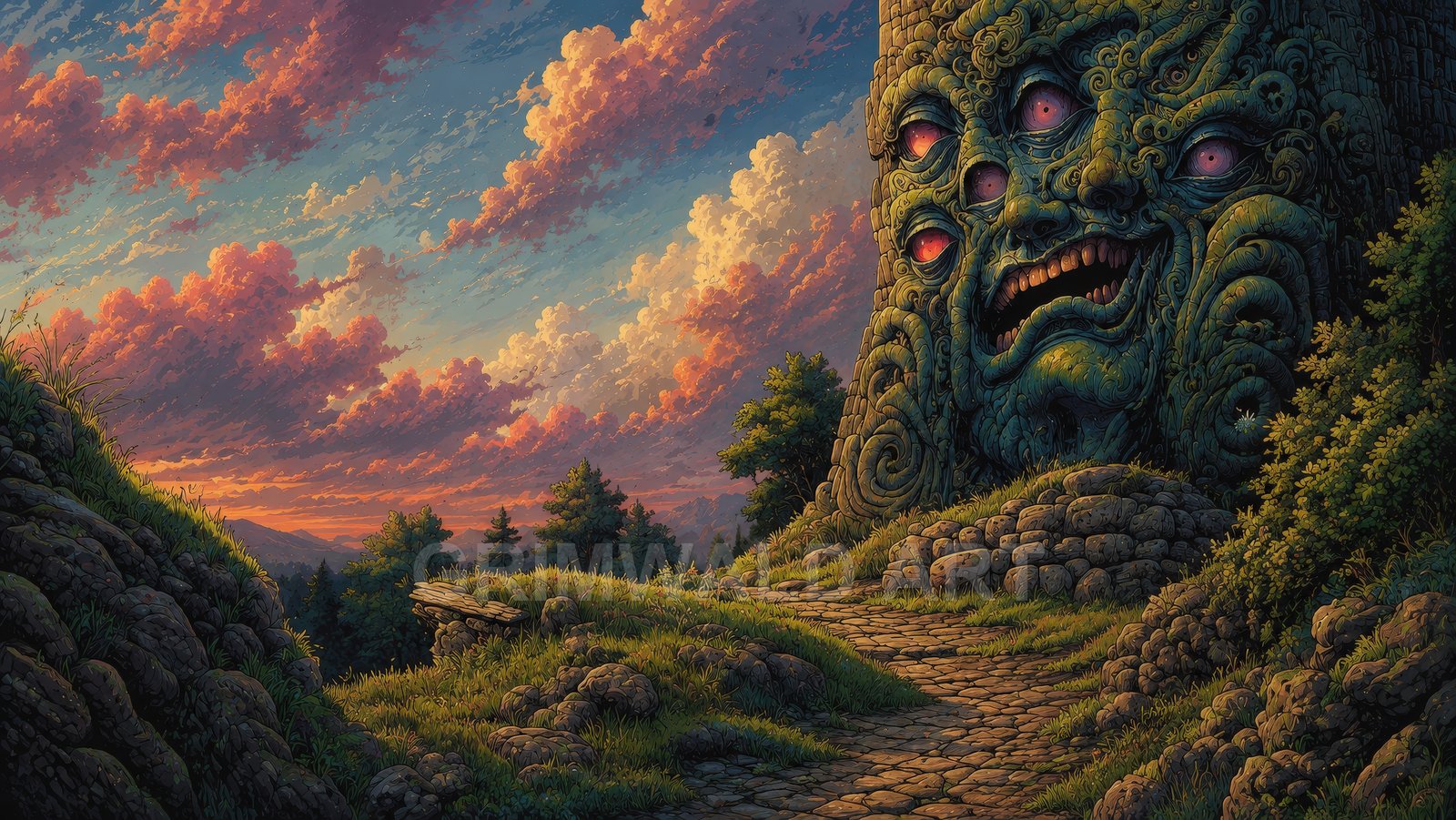 A winding cobblestone path curves past a colossal many-eyed stone face carved into a cliff, beneath glowing sunset clouds over rolling, forested hills.