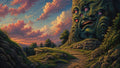 GRID THUMBNAIL — A winding cobblestone path curves past a colossal many-eyed stone face carved into a cliff, beneath glowing sunset clouds over rolling, forested hills.