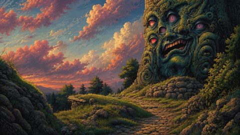 GRID THUMBNAIL — A winding cobblestone path curves past a colossal many-eyed stone face carved into a cliff, beneath glowing sunset clouds over rolling, forested hills.