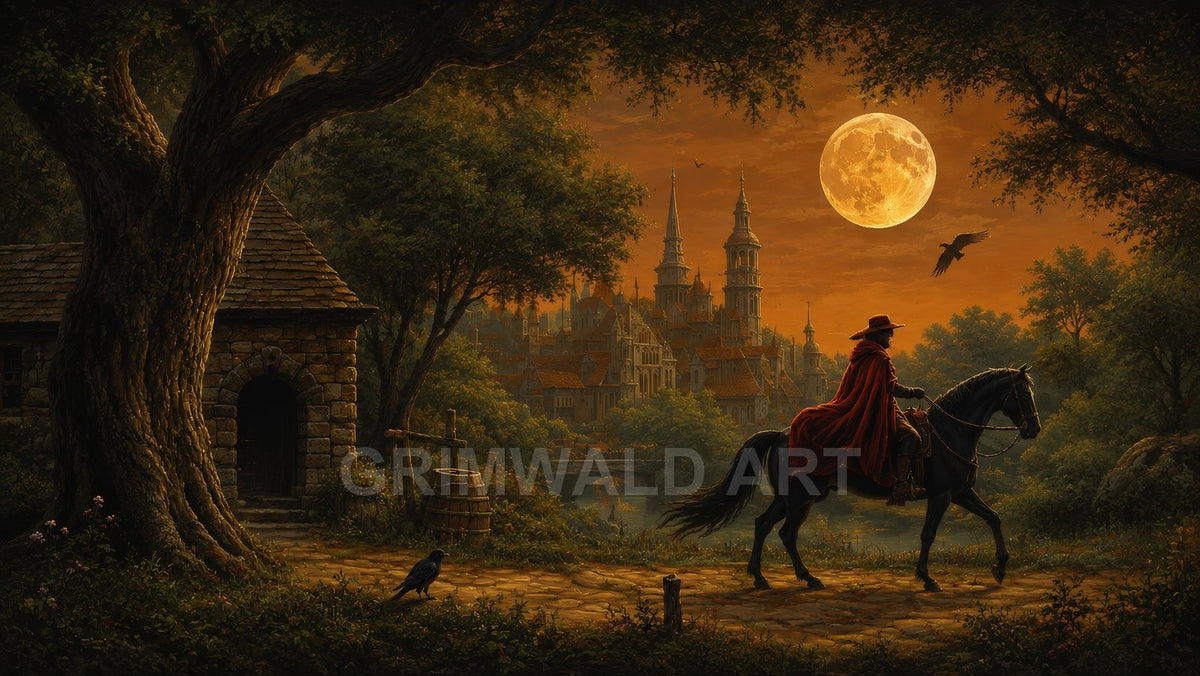 A cloaked rider on horseback follows a forest path past a stone cottage toward a spired medieval city beneath a vast orange full moon.