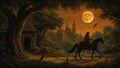 GRID THUMBNAIL — A cloaked rider on horseback follows a forest path past a stone cottage toward a spired medieval city beneath a vast orange full moon.