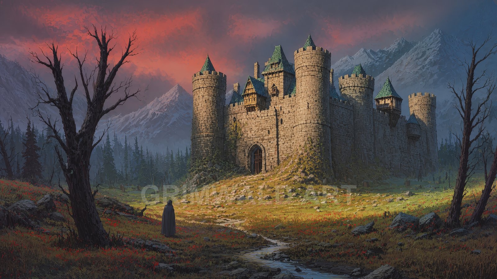 Stone castle with teal-roofed turrets stands in a mountain valley at sunset, a cloaked traveller approaching along a winding stream beneath red clouds.