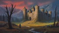 GRID THUMBNAIL — Stone castle with teal-roofed turrets stands in a mountain valley at sunset, a cloaked traveller approaching along a winding stream beneath red clouds.