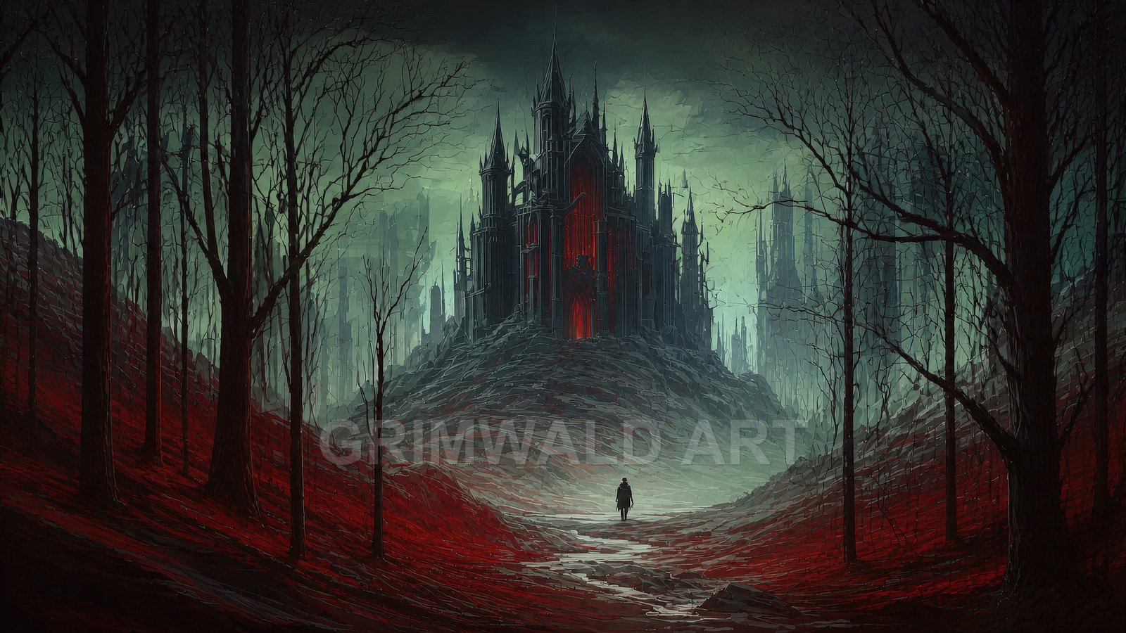 A solitary figure walks along a pale path through a red, leafless forest toward a towering black gothic castle glowing crimson amid misty twilight.