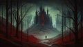 GRID THUMBNAIL — A solitary figure walks along a pale path through a red, leafless forest toward a towering black gothic castle glowing crimson amid misty twilight.