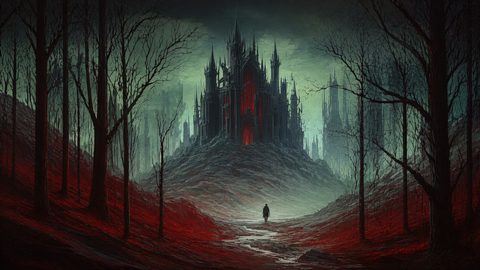 GRID THUMBNAIL — A solitary figure walks along a pale path through a red, leafless forest toward a towering black gothic castle glowing crimson amid misty twilight.