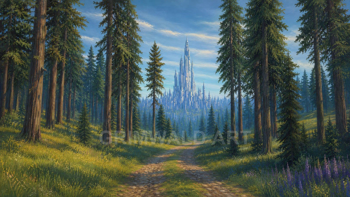 A sunlit forest path winds between tall pines towards a distant blue spired castle, with wildflowers, dappled shadows and a clear sky.