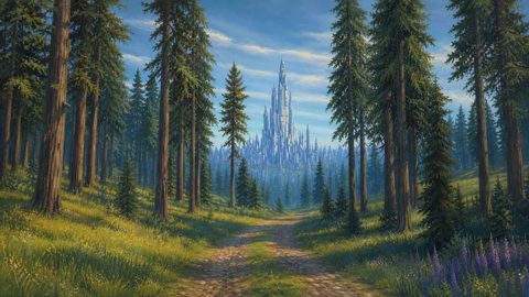 GRID THUMBNAIL — A sunlit forest path winds between tall pines towards a distant blue spired castle, with wildflowers, dappled shadows and a clear sky.