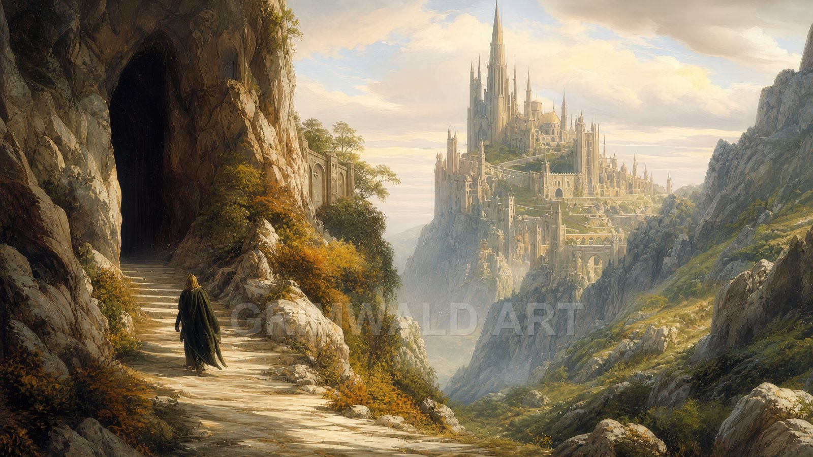 Grand spired castle perched on mountain cliffs above a valley, a cloaked traveller approaches a dark cave along sunlit stone steps at golden hour.
