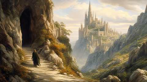 GRID THUMBNAIL — Grand spired castle perched on mountain cliffs above a valley, a cloaked traveller approaches a dark cave along sunlit stone steps at golden hour.