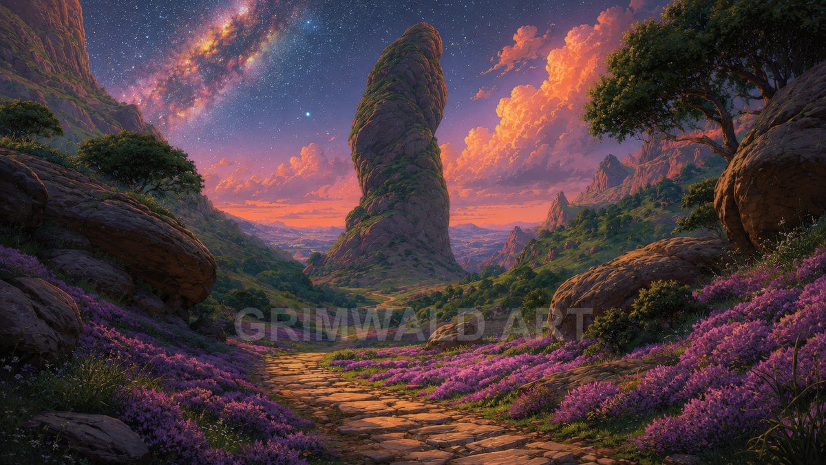 Twilight fantasy valley with a towering rock spire, starry sky, glowing clouds, and a winding stone path through purple wildflowers and boulders.