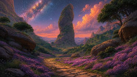 GRID THUMBNAIL — Twilight fantasy valley with a towering rock spire, starry sky, glowing clouds, and a winding stone path through purple wildflowers and boulders.