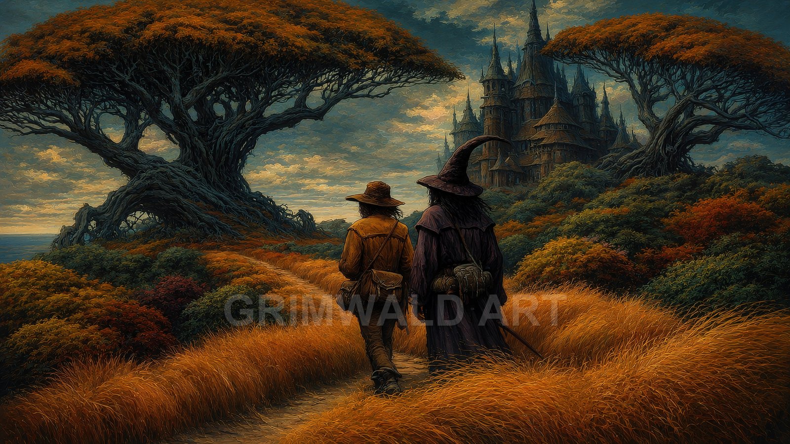 Two travellers walk a winding path through amber grass toward a spired castle between colossal twisted trees under moody, golden-hour clouds.