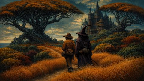 GRID THUMBNAIL — Two travellers walk a winding path through amber grass toward a spired castle between colossal twisted trees under moody, golden-hour clouds.