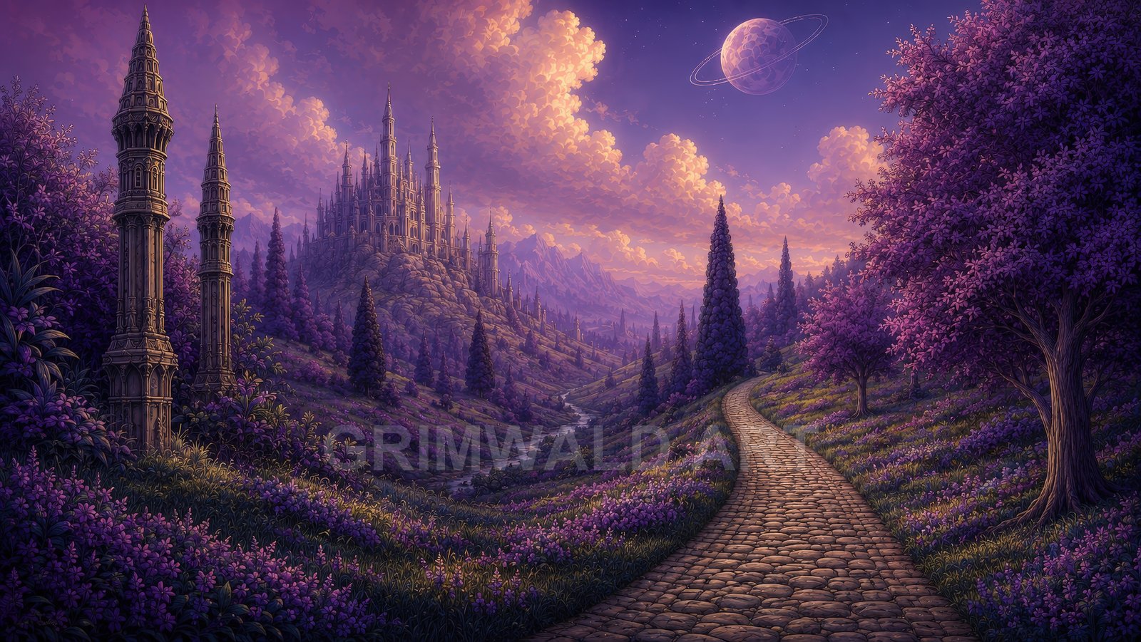 Cobblestone path winding through a purple-flowered valley towards a spired castle, with ornate towers, cypress trees and a ringed planet under twilight clouds.