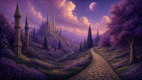 GRID THUMBNAIL — Cobblestone path winding through a purple-flowered valley towards a spired castle, with ornate towers, cypress trees and a ringed planet under twilight clouds.
