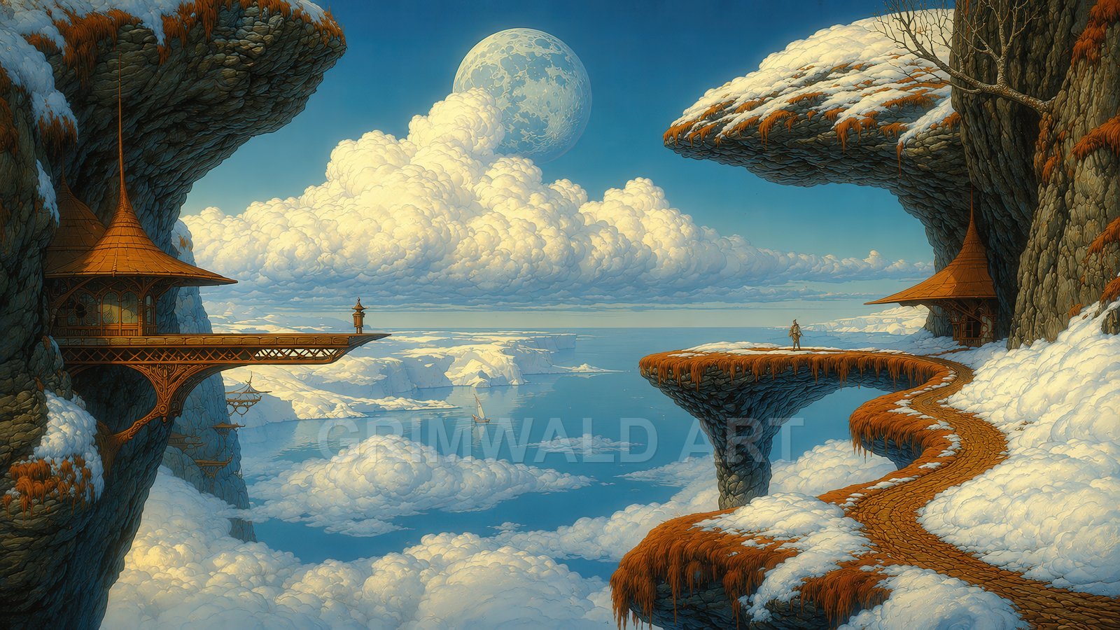 Clifftop pavilions and a winding path overlook a vast sea of clouds beneath a huge moon, snow-dusted rocks, and calm blue sky.