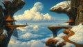 GRID THUMBNAIL — Clifftop pavilions and a winding path overlook a vast sea of clouds beneath a huge moon, snow-dusted rocks, and calm blue sky.