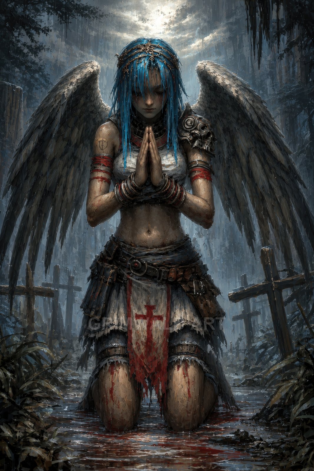Blue-haired winged woman kneels praying in a rainy graveyard, bloodied tabard with red cross and skull pauldron beneath a stormlit, cloud-broken sky.