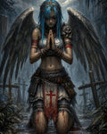 GRID THUMBNAIL — Blue-haired winged woman kneels praying in a rainy graveyard, bloodied tabard with red cross and skull pauldron beneath a stormlit, cloud-broken sky.