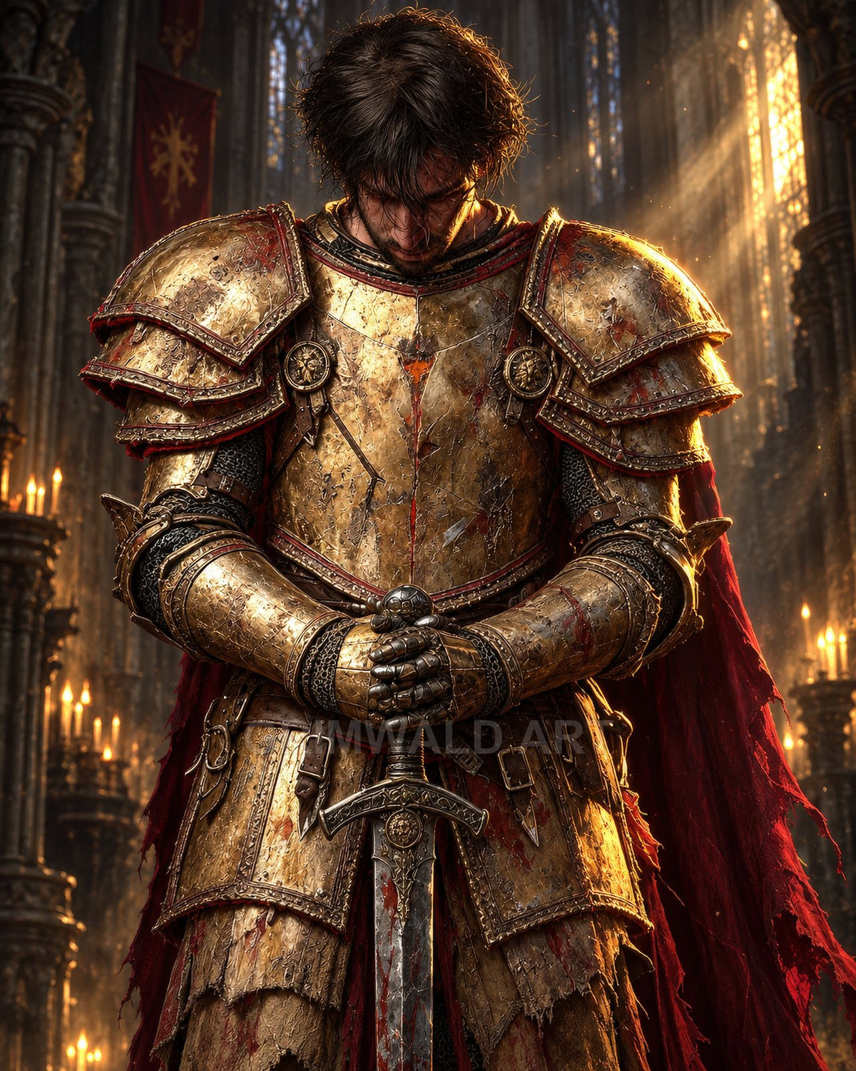 A male knight in battered golden armour bows with hands on a sword, red cloak trailing, in a candlelit gothic cathedral with sunbeams.