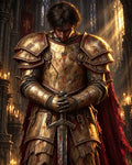 GRID THUMBNAIL — A male knight in battered golden armour bows with hands on a sword, red cloak trailing, in a candlelit gothic cathedral with sunbeams.