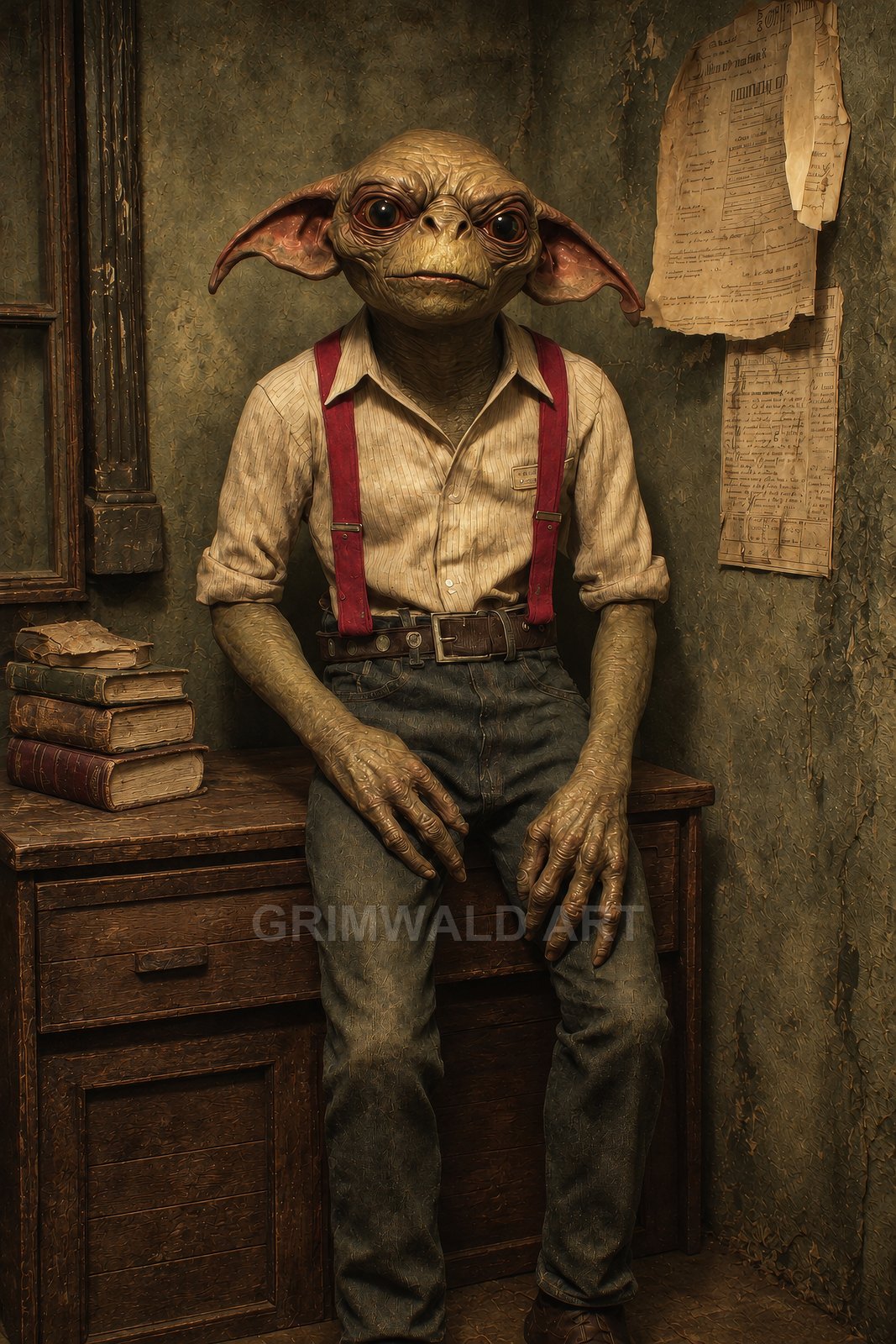 A goblin with large ears sits on a worn desk, wearing a shirt, red braces and jeans, in a dim, timeworn interior.