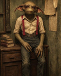 GRID THUMBNAIL — A goblin with large ears sits on a worn desk, wearing a shirt, red braces and jeans, in a dim, timeworn interior.