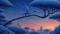 GRID THUMBNAIL — Small blue dragon with patterned wings balancing on a curving tree branch amid bulbous blue trees at sunset with orange-pink sky.