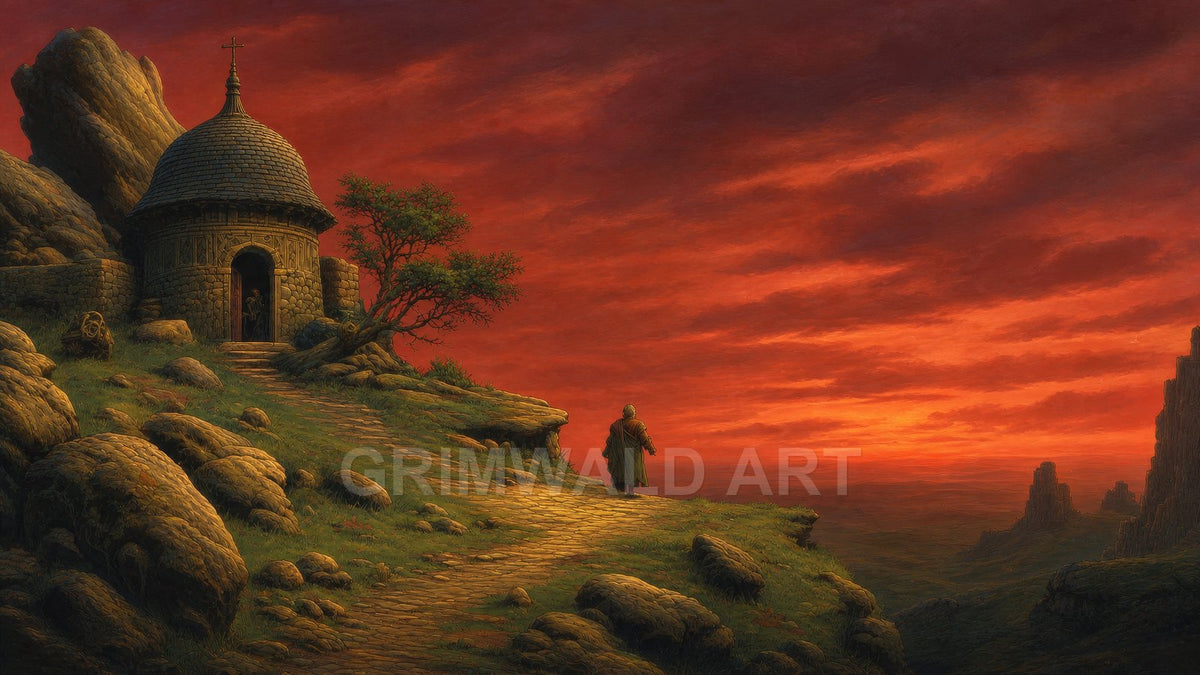 Rocky path leads to a small stone chapel on a cliff, a lone cloaked figure overlooking a vast valley beneath a fiery red sunset sky.