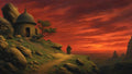 GRID THUMBNAIL — Rocky path leads to a small stone chapel on a cliff, a lone cloaked figure overlooking a vast valley beneath a fiery red sunset sky.