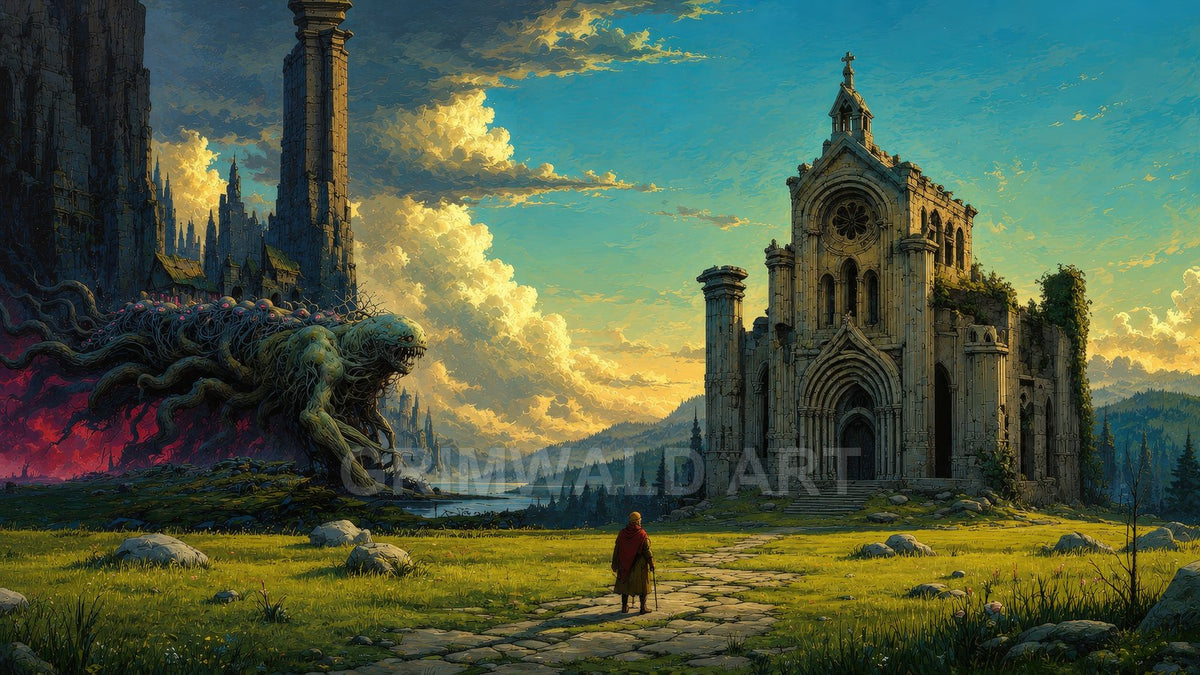 A lone cloaked traveller approaches a sunlit ruined cathedral across grassy plains as a vast tentacled abomination looms beside dark spires.