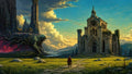 GRID THUMBNAIL — A lone cloaked traveller approaches a sunlit ruined cathedral across grassy plains as a vast tentacled abomination looms beside dark spires.