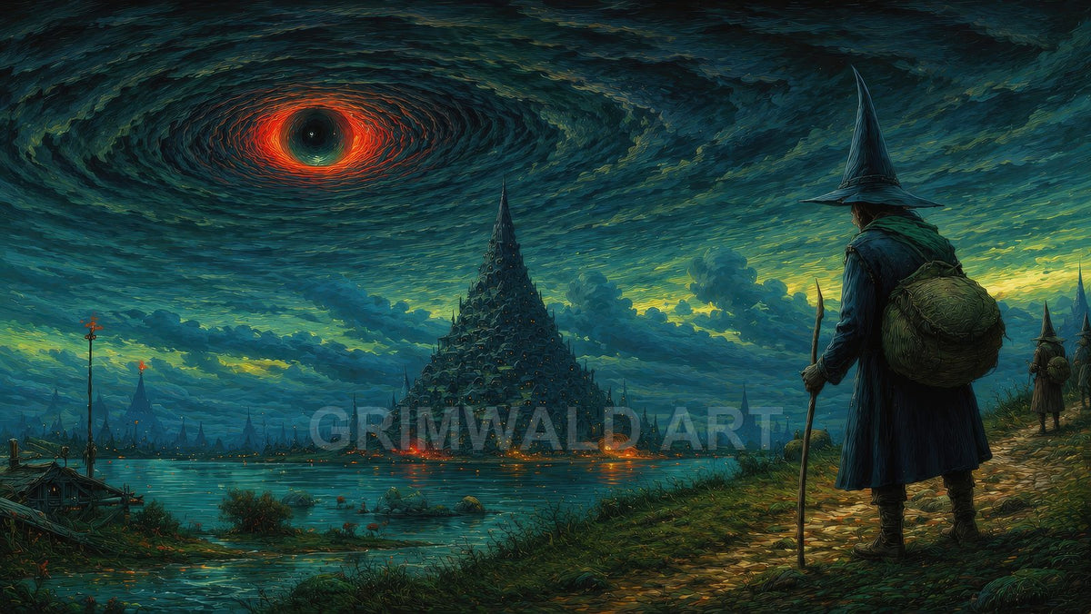 A towering conical city rises from a lake under swirling storm clouds with a fiery red eye, travellers in pointed hats approach.