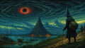 GRID THUMBNAIL — A towering conical city rises from a lake under swirling storm clouds with a fiery red eye, travellers in pointed hats approach.