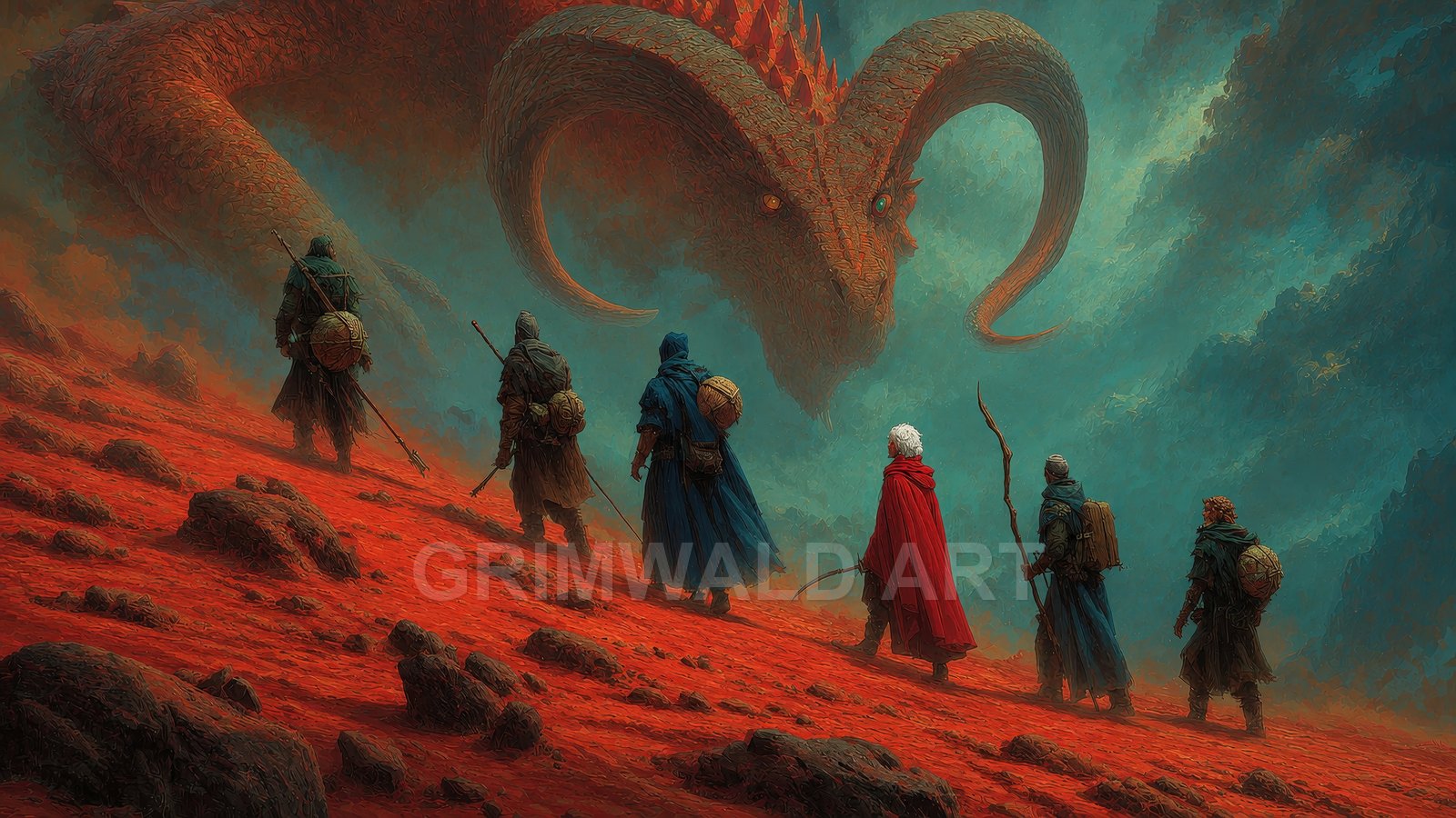 Cloaked travellers trek up a red rocky mountainside as a colossal ram-horned dragon emerges from teal mist, confronting them in an ominous fantasy scene.