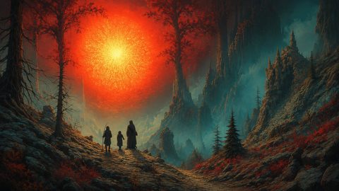 GRID THUMBNAIL — Three cloaked travellers walk along a rocky forest path beneath a colossal glowing crimson sun, amid jagged mountains, mist and dark pine trees.