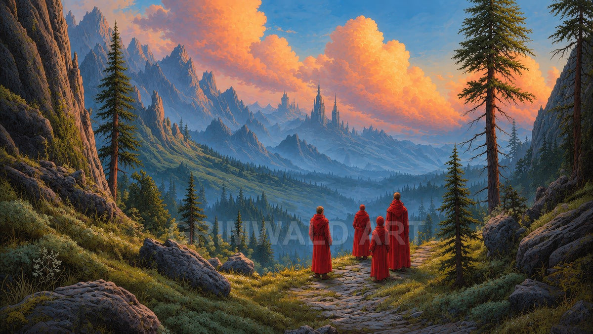 Four red-robed figures stand on a rocky path above a vast pine valley, facing distant spired castles under glowing orange clouds at golden hour.