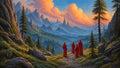 GRID THUMBNAIL — Four red-robed figures stand on a rocky path above a vast pine valley, facing distant spired castles under glowing orange clouds at golden hour.