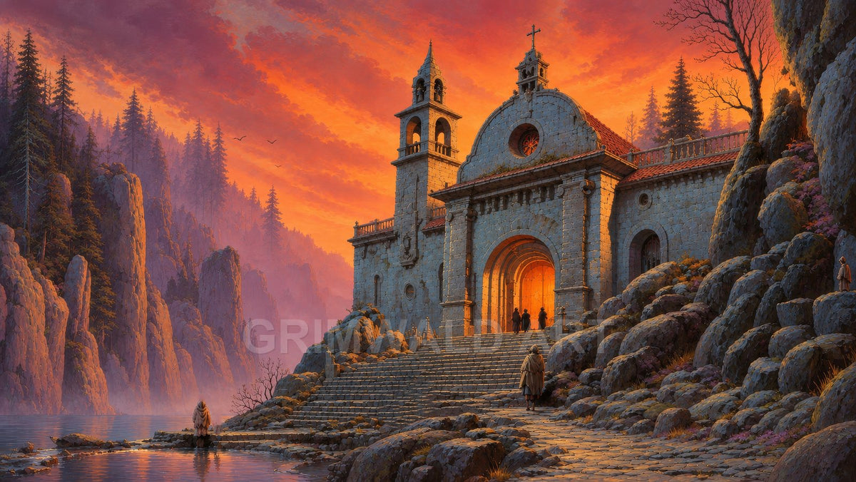 A stone cathedral with twin towers glows warmly above wide steps beside a calm lake and pine cliffs under a vivid sunset sky.