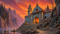 GRID THUMBNAIL — A stone cathedral with twin towers glows warmly above wide steps beside a calm lake and pine cliffs under a vivid sunset sky.